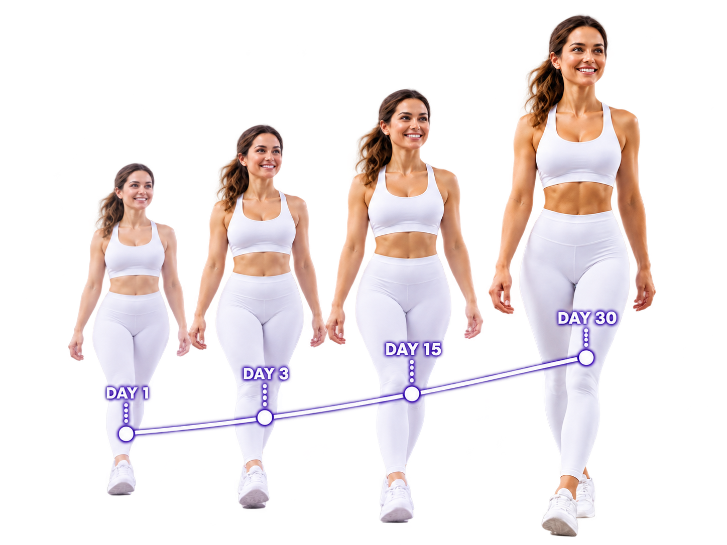 Isolated walking-woman graphic with an illustrative progress line and Day 1, Day 3, Day 15 and Day 30 markers