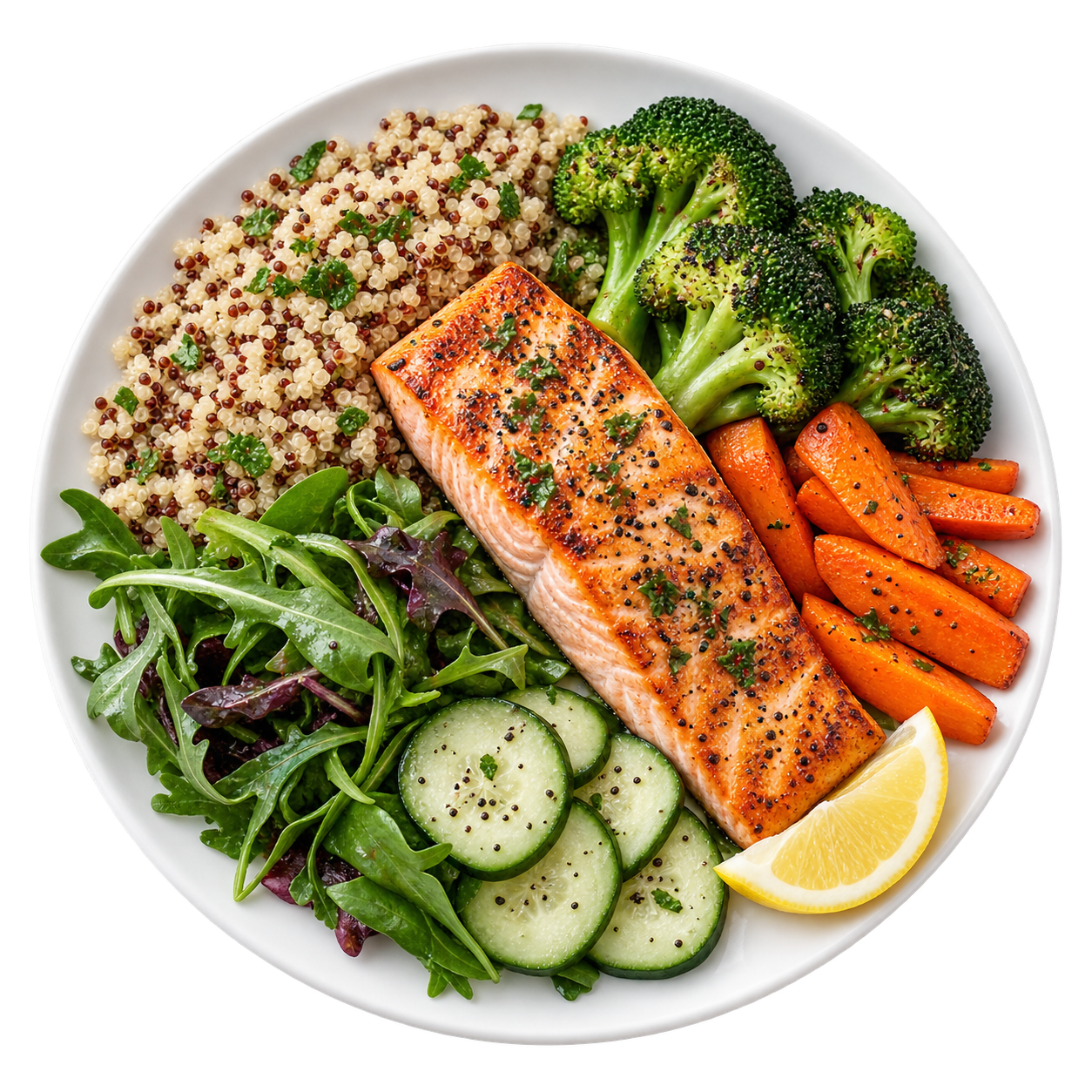 Isolated plate of salmon, quinoa, vegetables and leafy greens
