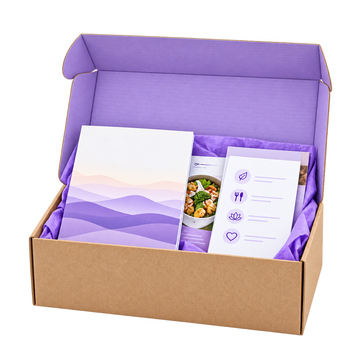 Open program delivery box with lavender packaging and booklets